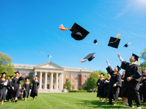 毕业典礼现场，学生们穿着学士服，手持毕业证书，笑容满面，背景是庄重的礼堂，体现毕业的喜悦氛围