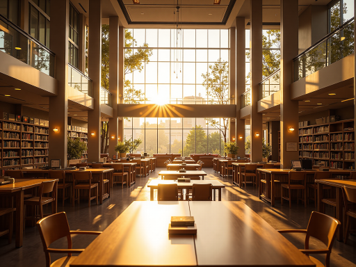 图书馆内景，现代化的阅读空间，学生们专注学习，书架整齐排列，营造浓厚的学习氛围