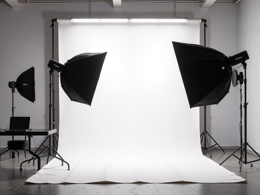 校园摄影工作室内部环境，现代化办公设备，墙上挂着摄影作品，体现专业氛围