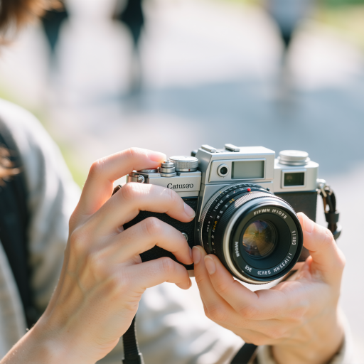 二十八岁左右女性摄影师，穿着时尚休闲装，手持相机设备，笑容甜美，背景是校园建筑，展现年轻活力