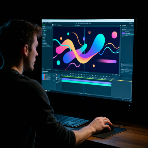 三十二岁左右男性后期制作师，穿着休闲衬衫，坐在电脑前工作，专注处理图像，体现专业技能